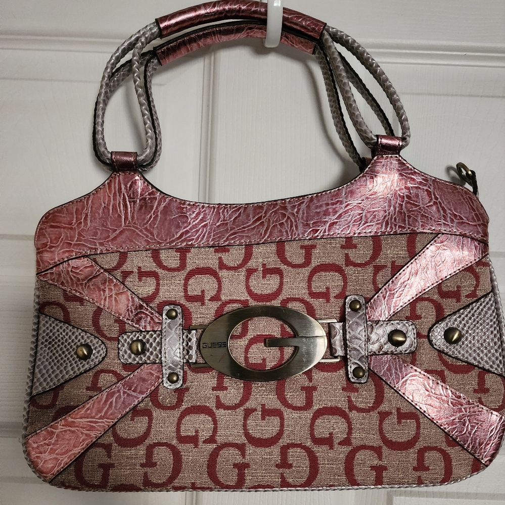 Guess Rose and Brown Textured Shoulder Bag with Silver Hardware